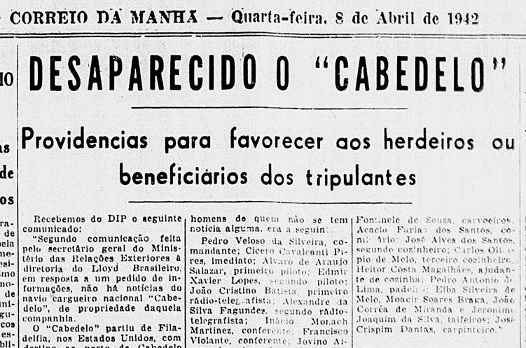 Recorte do jornal ''Correio da Manhã" (RJ) datado do dia 8 de abril de 1942, noticiando o desaparecimento do Cabedelo.